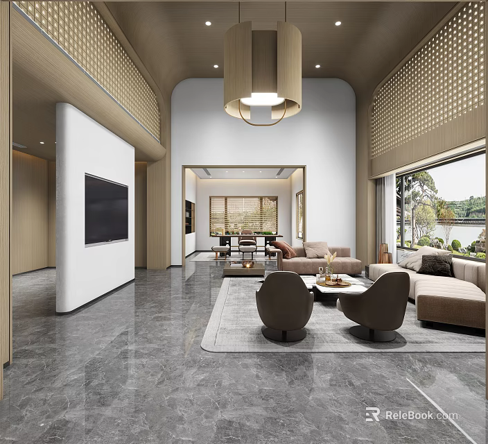 Modern Living and Dining Room Interior With Open Layout Sofa Coffee Table And Pendant Light 3d model