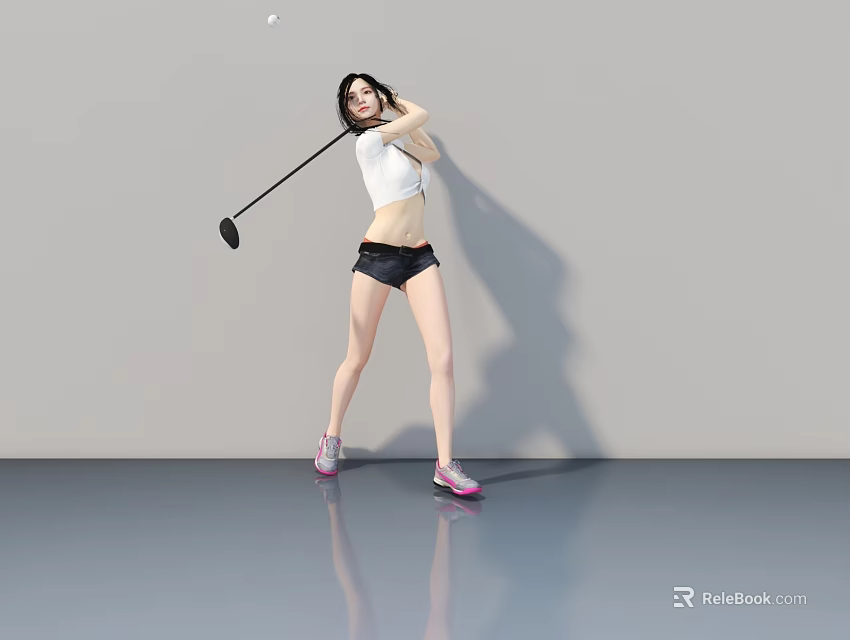 Woman Swinging Golf Club In White Top Black Shorts And Pink Shoes On Gray Background 3d model 