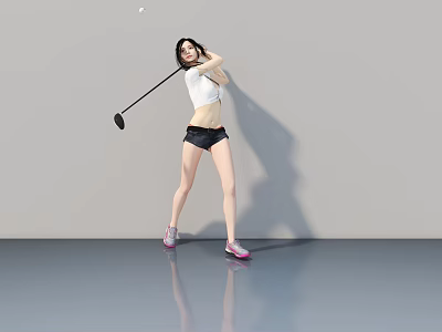 Woman Swinging Golf Club In White Top Black Shorts And Pink Shoes On Gray Background 3d model