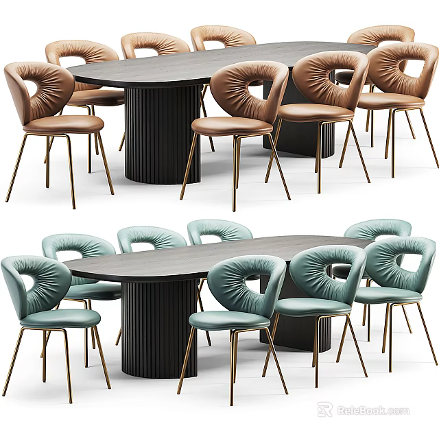 Round Dining Table Set With Upholstered Teal Brown Chairs And Black Metal Legs 3d model 