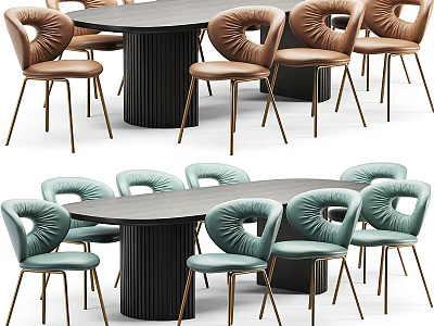 Round Dining Table Set With Upholstered Teal Brown Chairs And Black Metal Legs 3d model