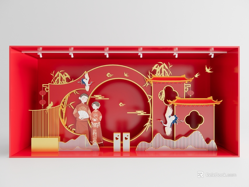 Chinese Style Window Display Decoration With Red Paper cut Art Traditional Figures And Bamboo Pavilion 3d model 