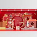 Chinese Style Window Display Decoration With Red Paper cut Art Traditional Figures And Bamboo Pavilion