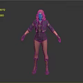 3D Female Character With Blonde Hair Blue Jacket Black Jumpsuit Fishnet Stockings And Brown Boots