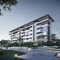 Modern Residential Building Exterior With Balconies Greenery Garden Walkway And Lighting Design
