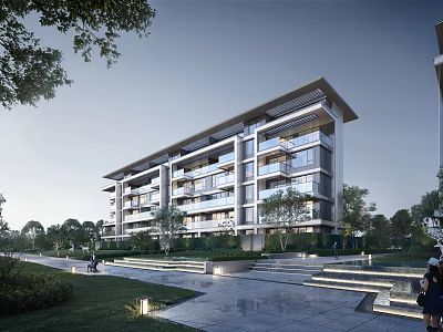 Modern Residential Building Exterior With Balconies Greenery Garden Walkway And Lighting Design 3d model