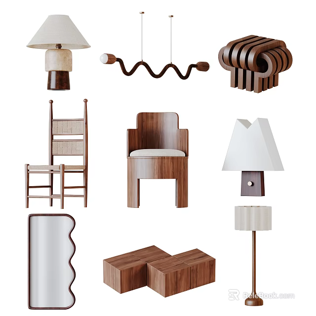 Modern Wooden Dining Chairs With Cushioned Seats And Stylish Pendant Lights 3d model 