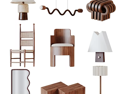 Modern Wooden Dining Chairs With Cushioned Seats And Stylish Pendant Lights 3d model