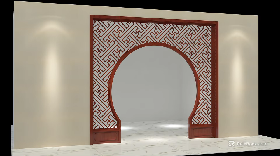 Traditional Chinese Archway With Red Frame Geometric Lattice Design Light Colored Wall And Tiled Floor 3d model 
