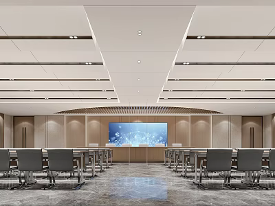 Modern Conference Room Interior With Long Table Comfortable Chairs Large Screen And Wooden Panel Walls 3d model