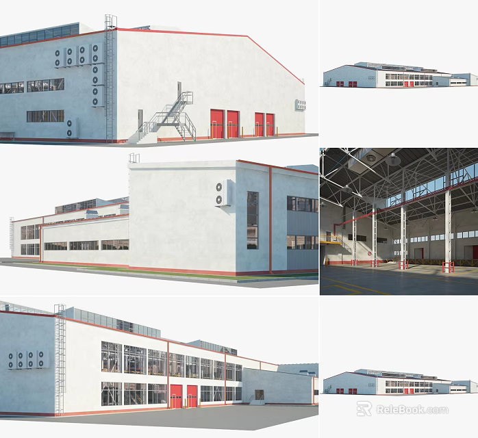 Industrial Factory Building Exterior And Interior With Red Doors Steel Frames And Large Windows 3d model 