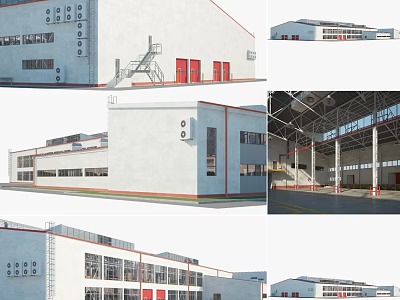 Industrial Factory Building Exterior And Interior With Red Doors Steel Frames And Large Windows 3d model