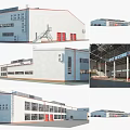 Industrial Factory Building Exterior And Interior With Red Doors Steel Frames And Large Windows