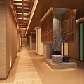 Elevator Corridor With Warm Lighting Wooden Ceiling And Textured Walls