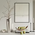 Elegant Decorative Ornament Set with White Vase Branches Wooden Tray Green Apples Candles and Artwork