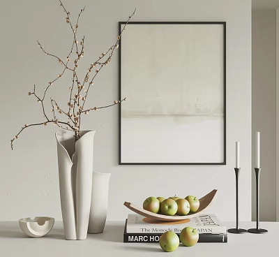 Elegant Decorative Ornament Set with White Vase Branches Wooden Tray Green Apples Candles and Artwork 3d model