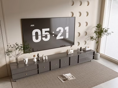 Modern Dark Gray TV Stand With Drawers Large Screen TV Decorative Items And Potted Plants 3d model