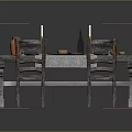 Wooden Dining Table With Four Chairs Tablecloth Clay Pot Candles Wine Glasses And Fruits