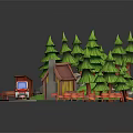 Cartoon Scene with Wooden Cabin Green Pine Trees Red Car Stones Fence and Flowers