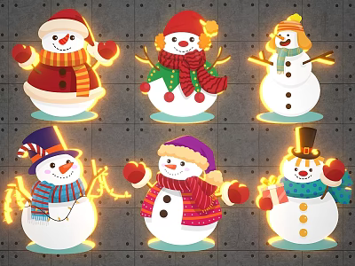 Festive Decorative Snowmen Characters With Colorful Hats Scarves And Neon Lights 3d model