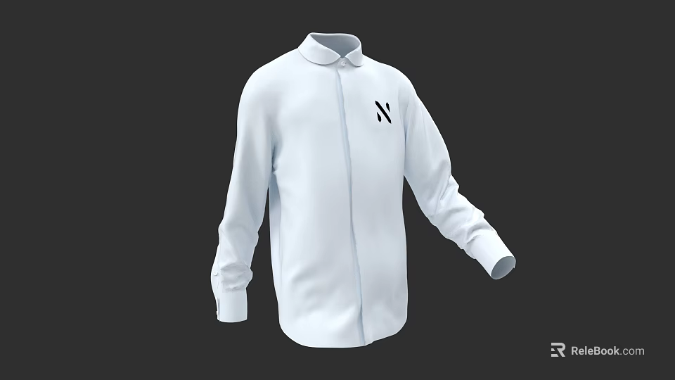 White Long Sleeve Shirt with Stand Collar Zipper Front and NY Logo Design 3d model 