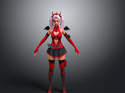 Woman In Red And Black Outfit With Pink Hair Red Horns And Black Wings 3d model