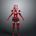 Woman In Red And Black Outfit With Pink Hair Red Horns And Black Wings