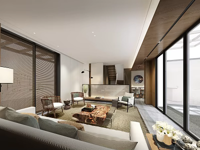 Modern Living And Dining Room Interior With Sofa Coffee Table Dining Set And Large Windows 3d model