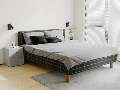 Double Bed With Plaid Frame Gray Mattress Pillows Nightstands And Wooden Floor 3d model