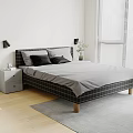 Double Bed With Plaid Frame Gray Mattress Pillows Nightstands And Wooden Floor
