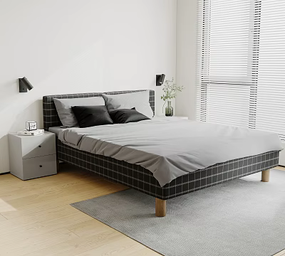 Double Bed With Plaid Frame Gray Mattress Pillows Nightstands And Wooden Floor 3d model