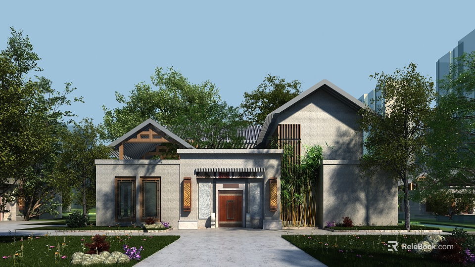 Traditional Chinese Detached Villa With Wooden Door And Lush Garden Surroundings 3d model 