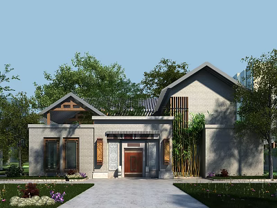 Traditional Chinese Detached Villa With Wooden Door And Lush Garden Surroundings 3d model