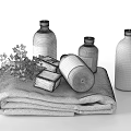 Essential Stylish Bathroom Accessories With Soft Towels Soap Liquid Bottles And Greenery