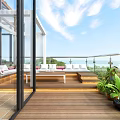 Villa Balcony With Glass Roof Large Windows Stone Walls Cozy Sofa Plants And Tiled Floor