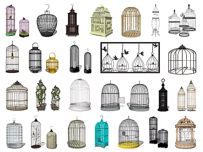 Vintage Decorative Birdcage Ornament Sets With Various Designs And Colorful Styles For Home Decor 3d model