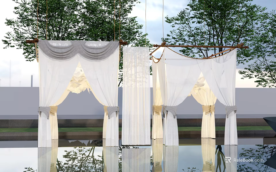 Elegant White Ceiling Drapery Design For Outdoor Garden With Water Reflection 3d model