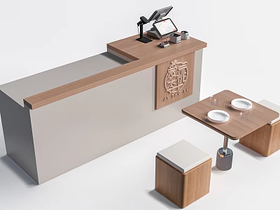 Modern Wooden Bar Counter Design With Cash Register Small Tables And Stools 3d model