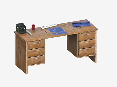 Simple Wooden Negotiation Table and Chairs with Drawers and Desktop Accessories 3d model
