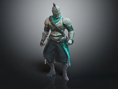 Detailed Fantasy Armored Warrior Character With Green Armor Helmet Standing Pose 3d model