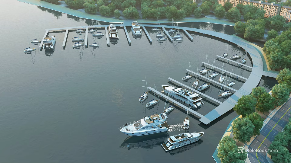 Aerial View of Scenic Marina with Moored Yachts and Green Trees by Water 3d model 
