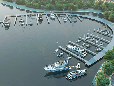 Aerial View of Scenic Marina with Moored Yachts and Green Trees by Water 3d model