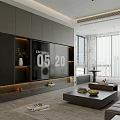 Modern Gray Living and Dining Room Interior With Sofa Coffee Table TV Wall And Plants 3d model