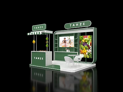 TAHZE Exhibition Booth Display Shelves With Fresh Fruits Vegetables And White Chairs 3d model