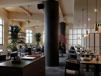 Elegant Modern Restaurant Interior With Hanging Lights Green Plants Black Columns And Wooden Tables 3d model