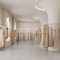 Elegant Clothing Store Interior Design With White Pillars Mannequins Hanging Clothes And Shoes