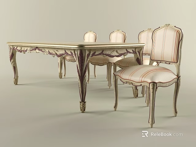 Classical Dining Table and Chairs Set with Gold Accents Striped Upholstery and Carved Legs 3d model 