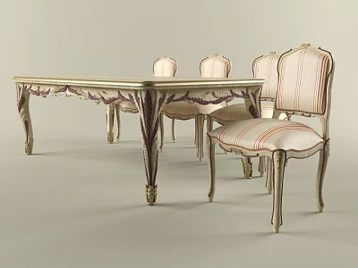 Classical Dining Table and Chairs Set with Gold Accents Striped Upholstery and Carved Legs 3d model