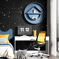 Boy's Room Interior With Starry Black Wall Blue Headboard Desk Yellow Chair And Elephant Toy