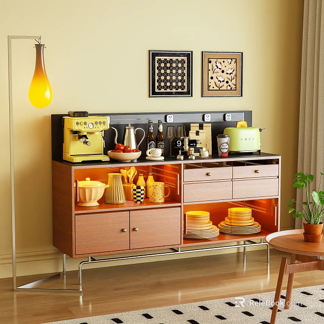 Modern Wooden Sideboard with Coffee Machine Teapot Storage Dishes and Yellow Pendant Light 3d model 